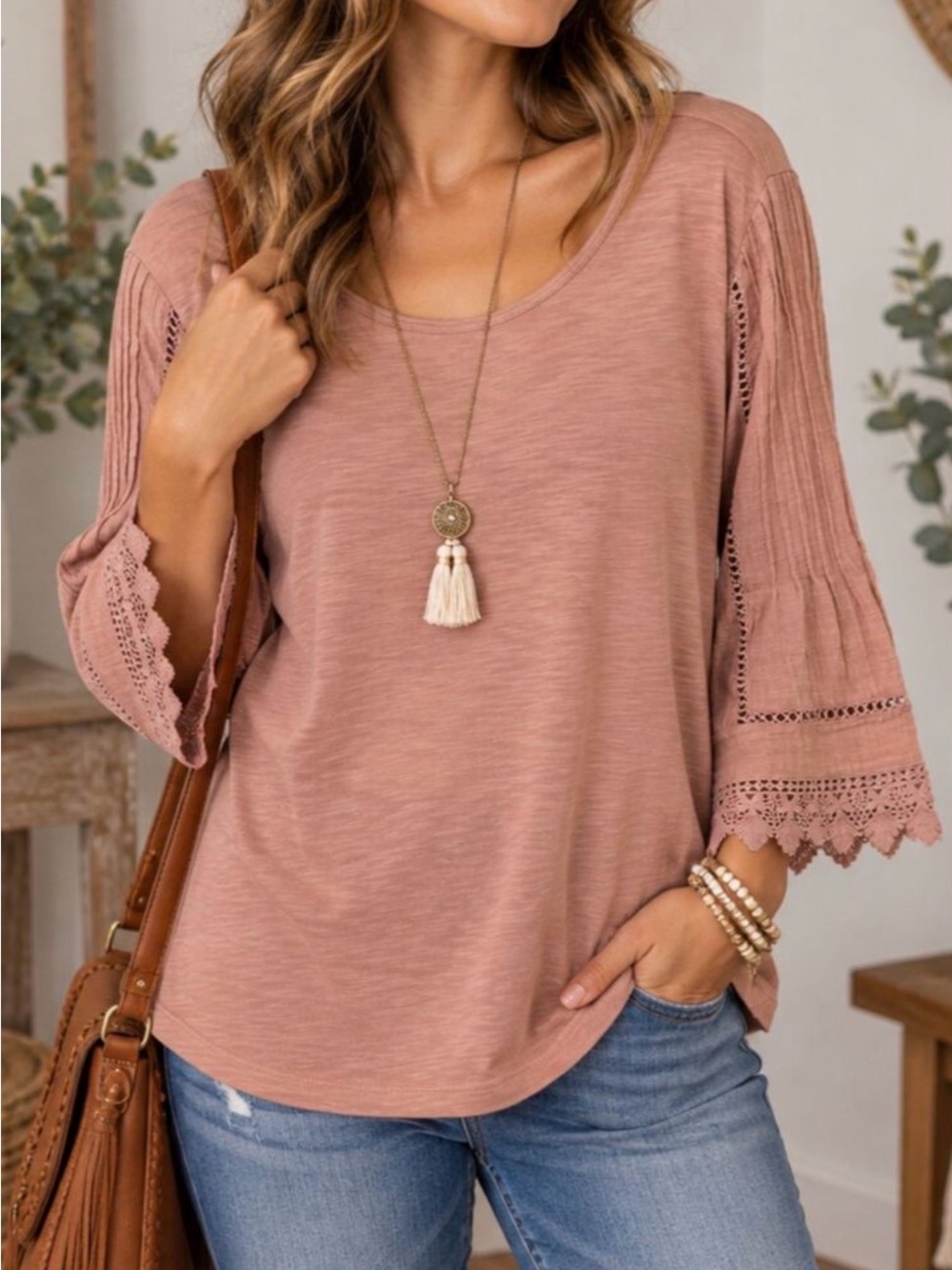 J. Jill Dusty Rose Crochet-Sleeve Tunic Top